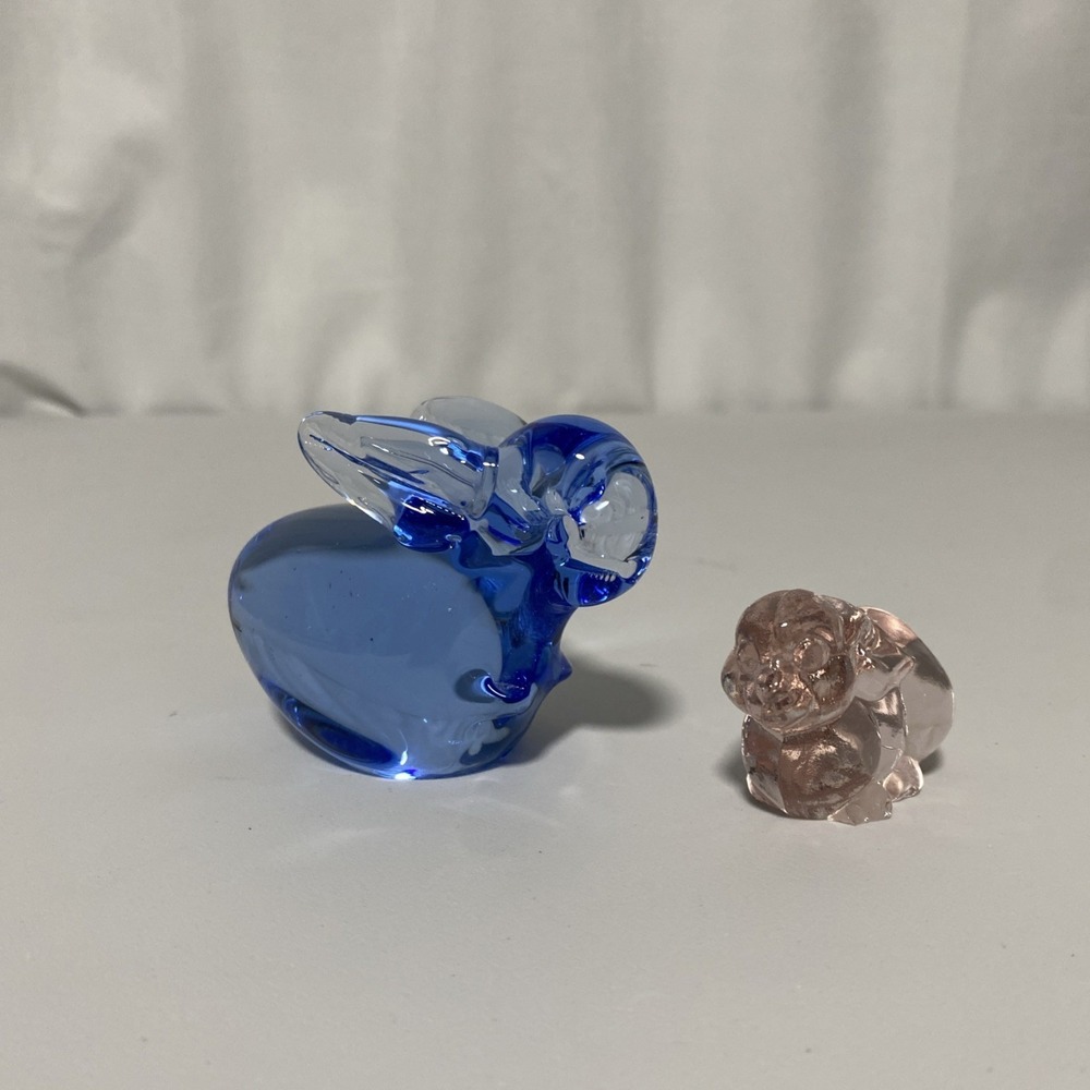 Vintage Blue And Pink Art Glass Bunny Figurine Paperweight (Pink‎ One Has Chip)